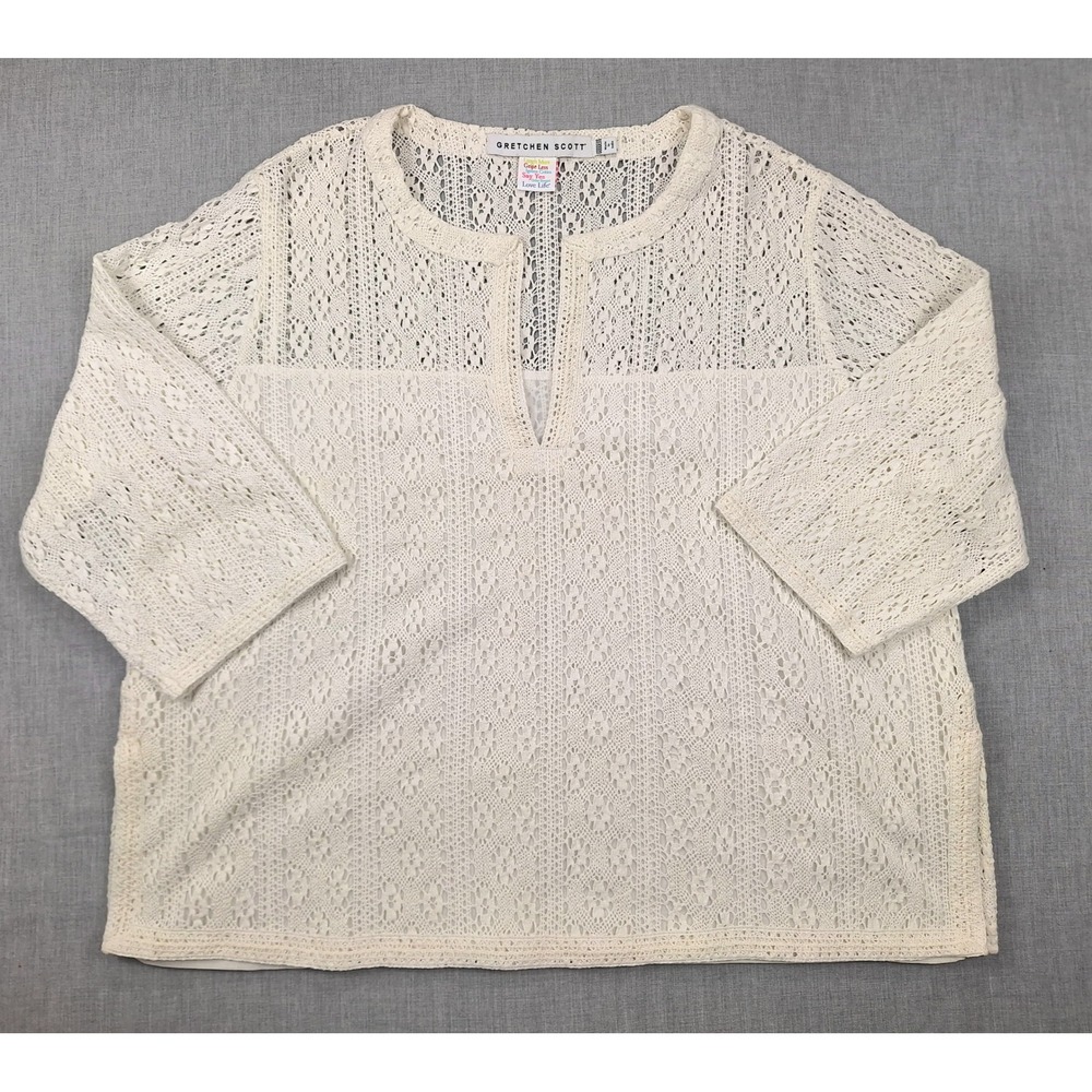 Gretchen Scott Goddess Ivory Cotton Crochet Lace Split Neck Top XXL 2XL